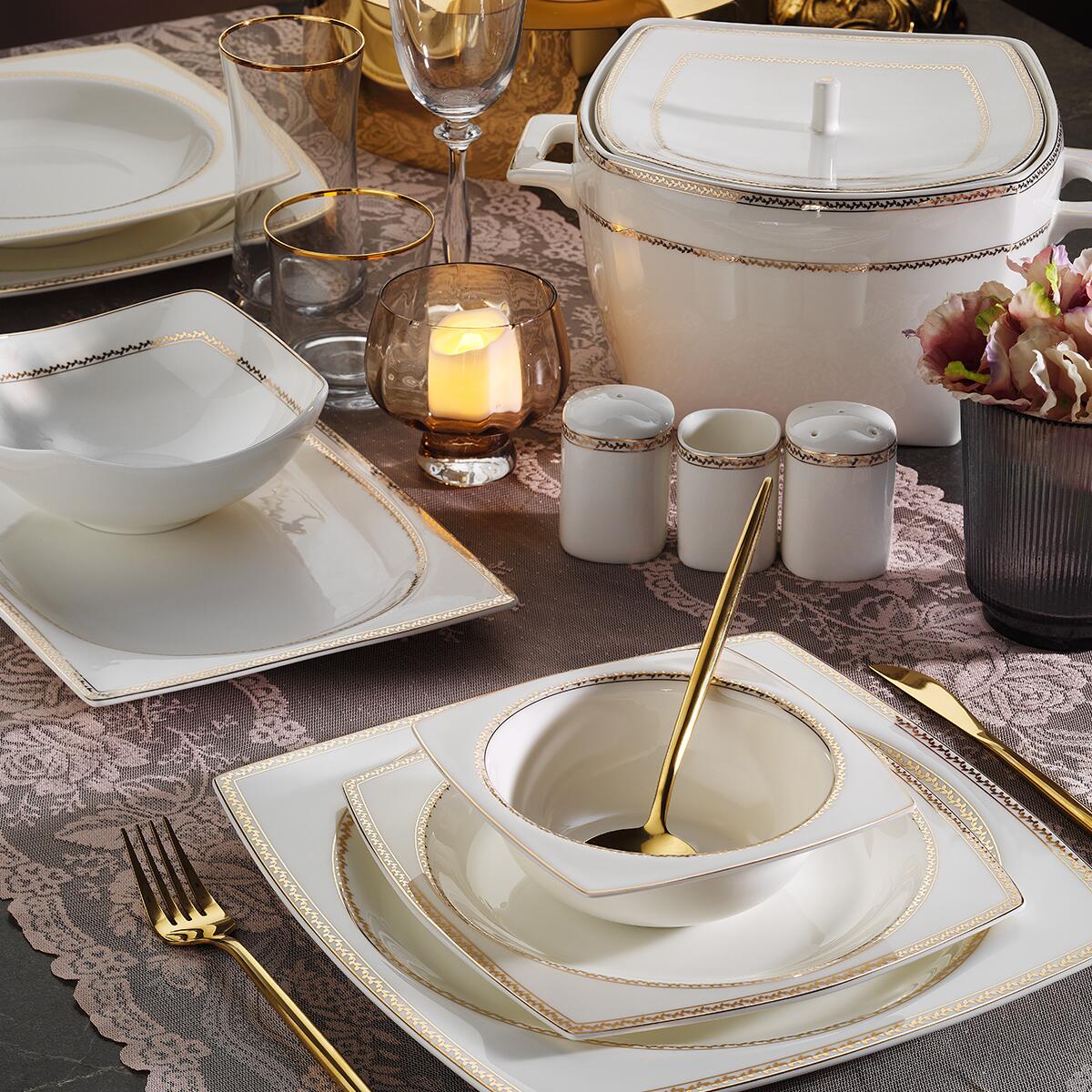 Aryıldız Bone Square Line Gold 60 Parça 12 Kişilik Yemek Takımı - ARYILDIZ