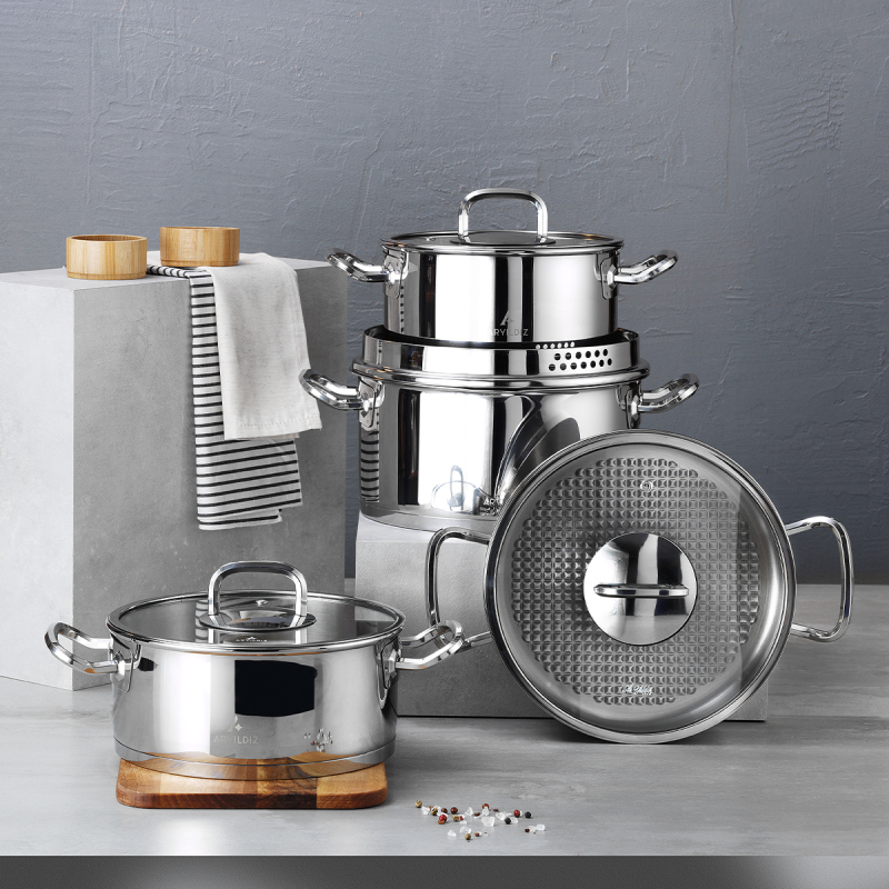 Aryıldız Vogue 8 Parça Cam Kapak Çelik Tencere Seti - 1