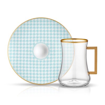 Koleksiyon Dervish Kulplu Çay Seti 6'lı Ekose Turkuaz - KOLEKSIYON