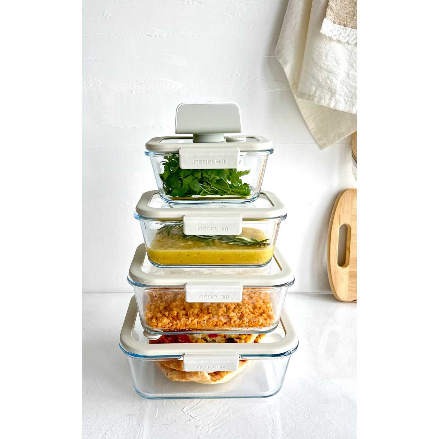 Neoflam Fika Glace Vakumlu Cam Saklama Kabı Bej 5 Parça Set - NEOFLAM