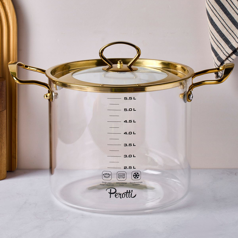 Perotti Logan Gold Kapaklı Cam Tencere 5,5 L 20x20 cm - 5